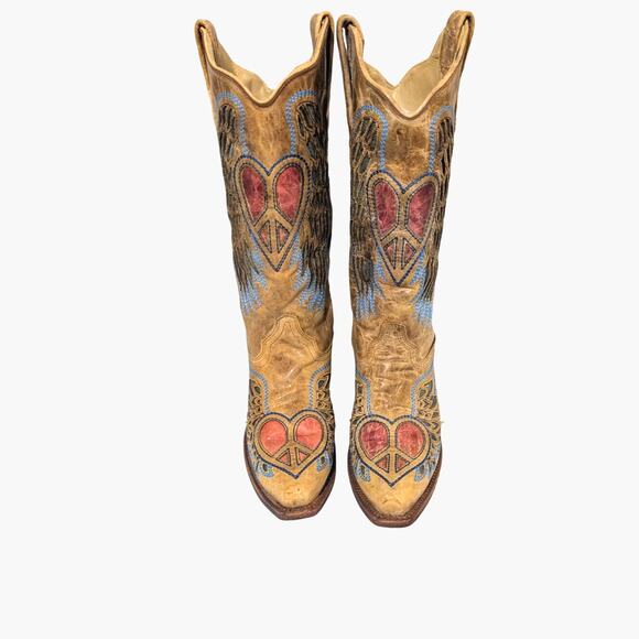 Corral Women’s 7.5M Western Cowboy Boots Distressed Tan Blue Red Winged Heart - Picture 1 of 8